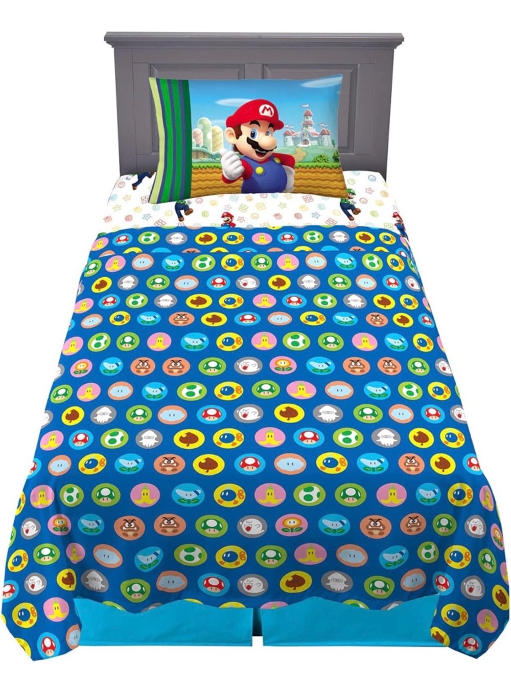 Nintendo Super Mario Kids Bedding Set - Blue Multicolour Comforter & Pillowcase